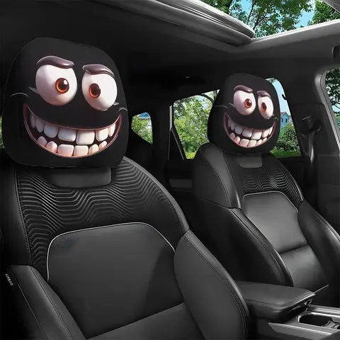 2pcs Set of Funny Big-Eyed Grinning Cartoon Print Car Seat Headrest Covers, Car Interior Decoration, Car Interior Accessory, Universal Fit for Long Road Trips & Daily Commutes – Perfect for Halloween/Christmas Holiday Decor