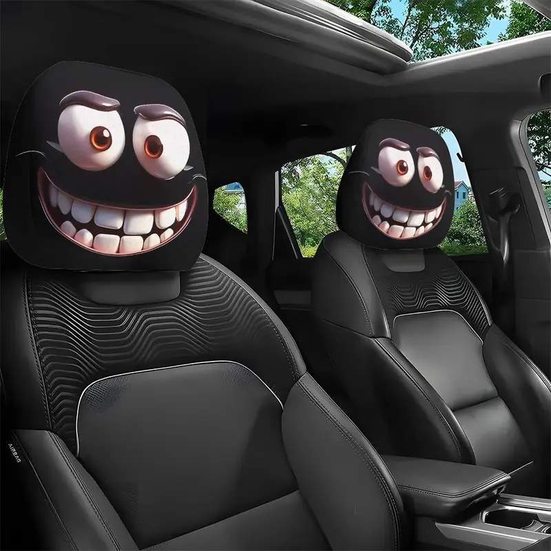 2pcs Set of Funny Big-Eyed Grinning Cartoon Print Car Seat Headrest Covers, Car Interior Decoration, Car Interior Accessory, Universal Fit for Long Road Trips & Daily Commutes – Perfect for Halloween/Christmas Holiday Decor
