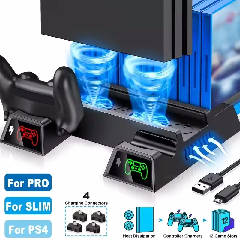 Multifunctional Cooling Stand for PS4 Game Console, 1 Box Cooling Fan Base with USB Connection and Dual Controller Charging Station with Charging Status, Console Accessories for PS4 Slim Pro, Electronic Gadgets