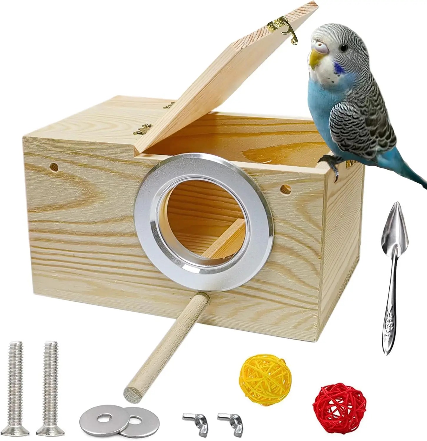 Wooden Breeding Nest Box with Perch - Bird Condo, Parakeet & Parrot Cage Accessory, Pet Supply, Bird Feeding Spoon