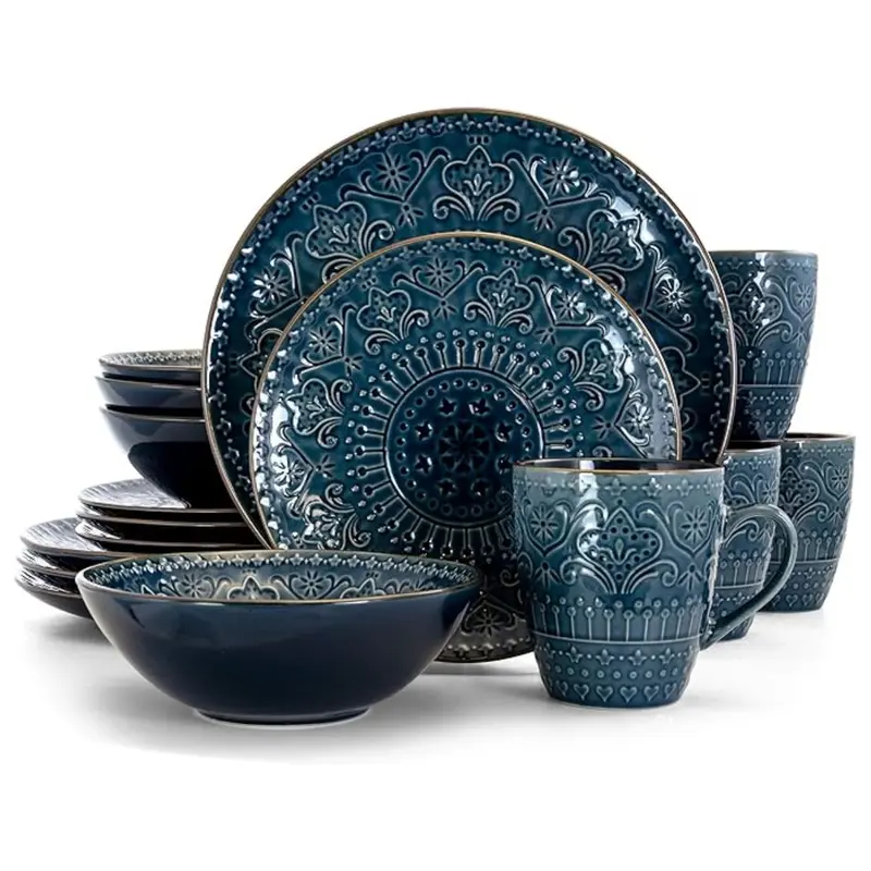 Elama Round Stoneware Embossed Dinnerware Dish Set, 16 Piece, Sea Blue with Brown Trim