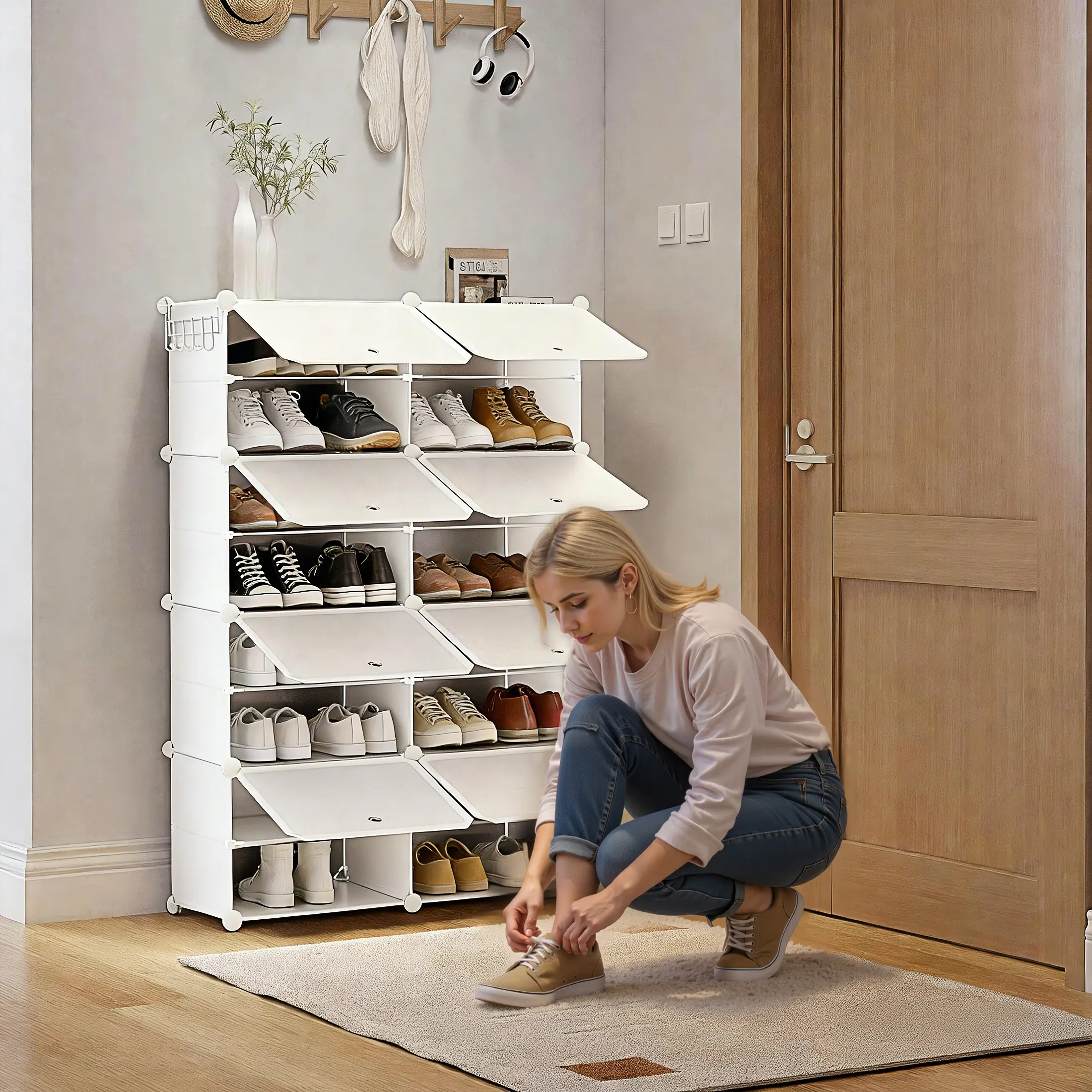 6-8 Tier Shoe Cabinet, 24-32 Pair Capacity with Side Hooks, Sturdy Metal Frame, Black and White Plastic Panel Shelves, Storage Organizer for Entryway Living Room Closet