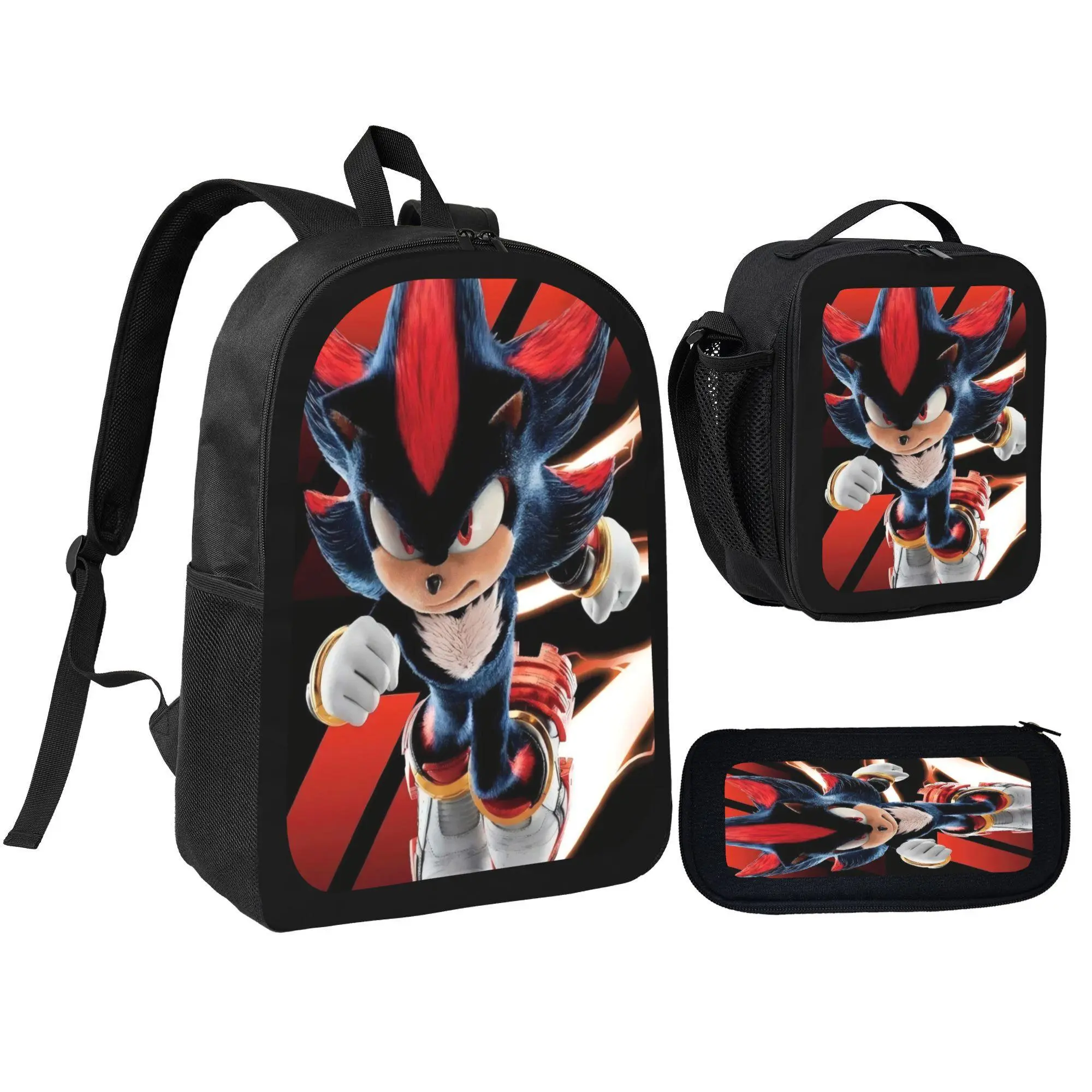 Bright Blue Speedy Hedgehog Print 3 In 1 Backpack Set Polyester Large Capacity Bookbag With Lunch Bag And Pencil Case Lightweight Travel Daypack Retro Game Fan Gift