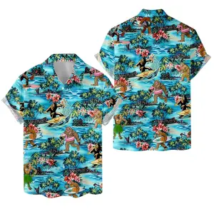 Bigfoot Hawaiian Shirt Classic Menswear, Sasquatch Button Collared Shortsleeve Aloha Top, Casual Graphic Stylish Tropical Streetwear Polyester