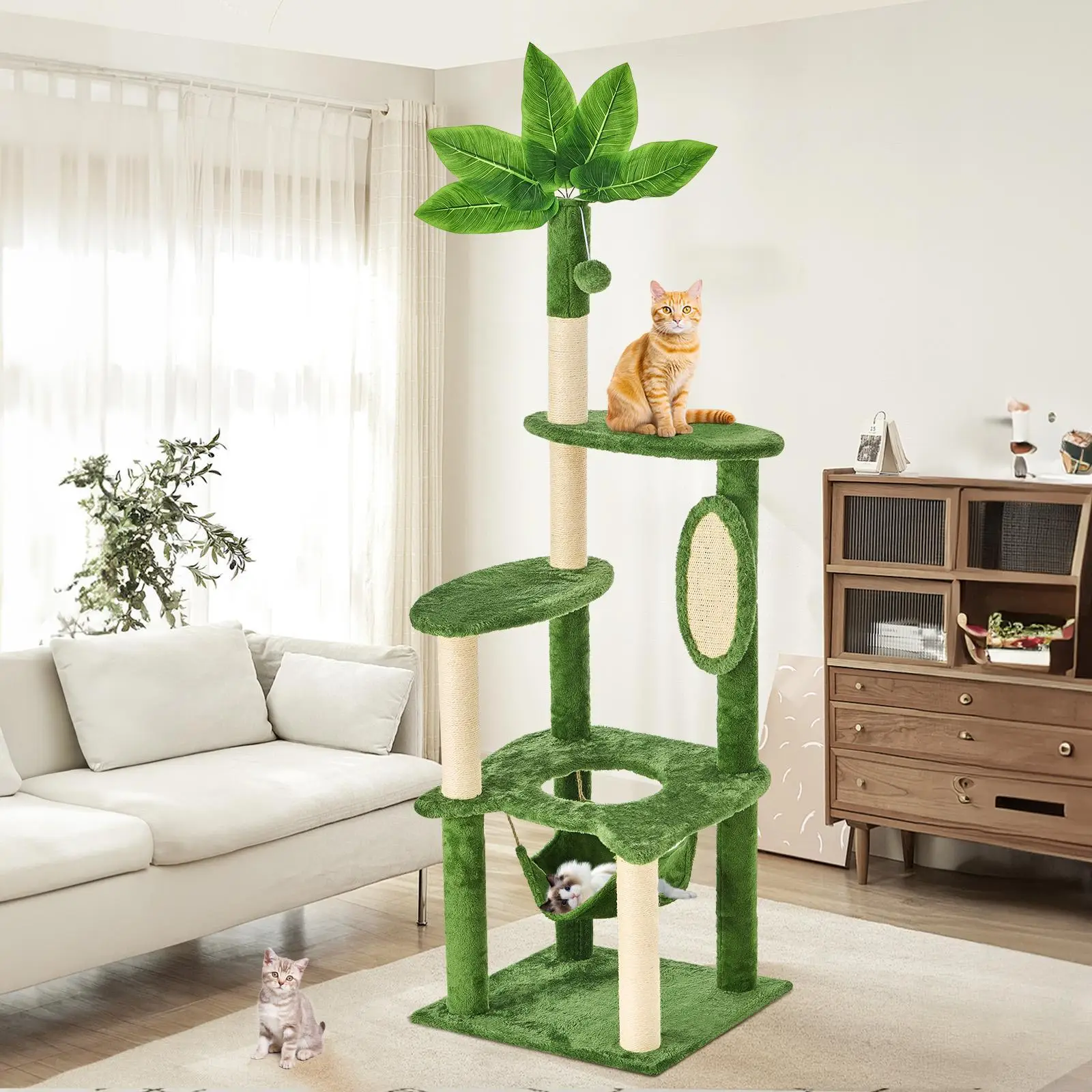 【Fall Deals For You】WeCharmer Cat Tree / Tower for Indoor Cats with Green Leaves, Cat Condo Cozy Plush Cat House with Hang Ball and Leaf Shape Design,