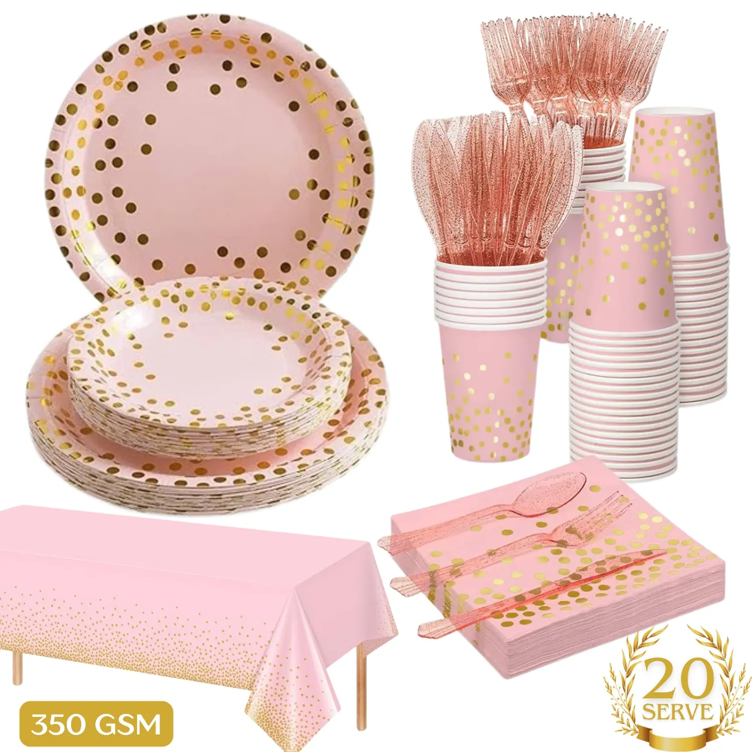 141-Piece Disposable Eco-Friendly Pink Gold Polka Dot Party Supplies Set - Serves 20, Includes Plates, Tablecloth, Cups, Napkins - Gold Disposable Tableware Supplies for Baby Shower Ready Events