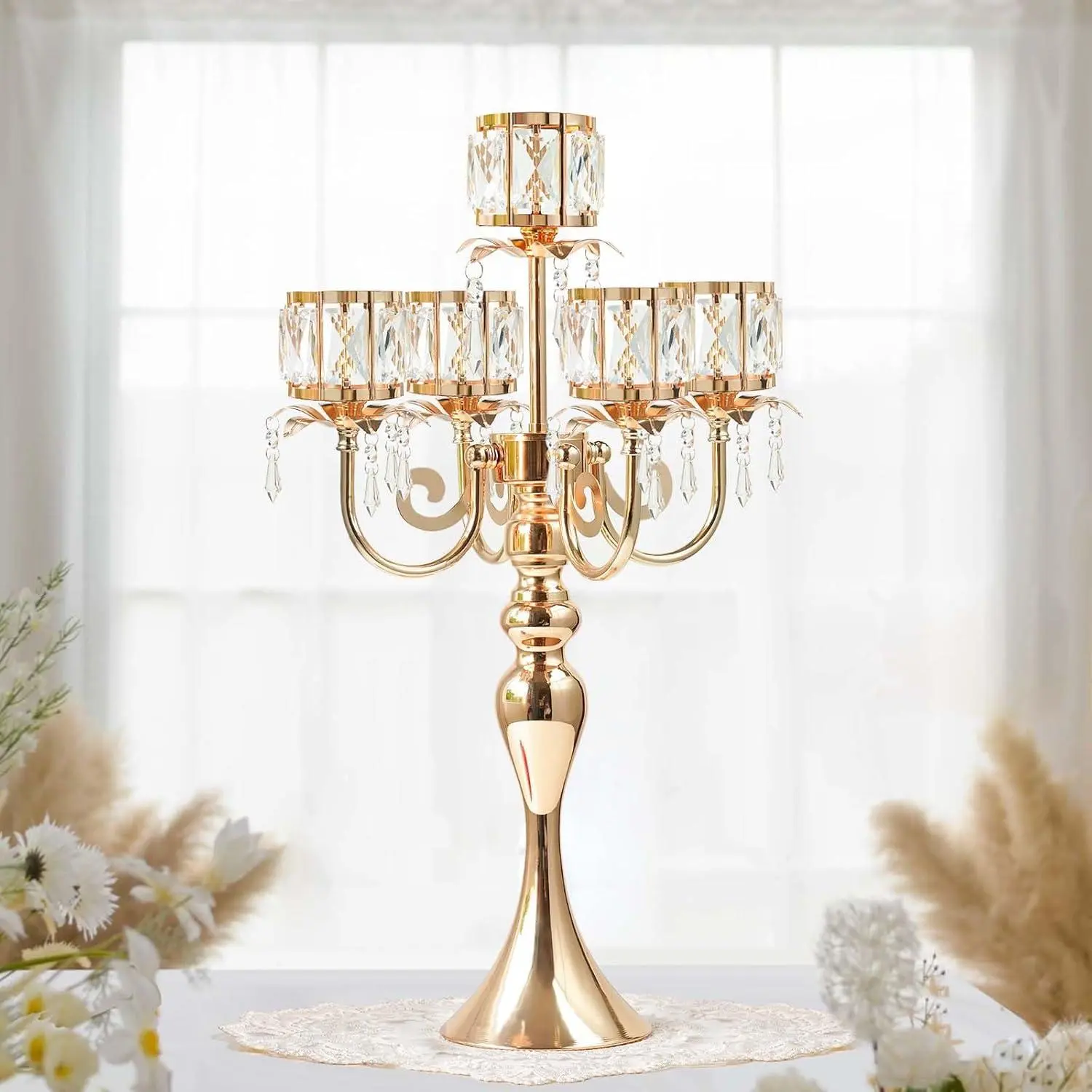 1PC Gold 5-Arm Crystal Pendant Metal Candle Holder with Square Crystal Bowl, 22-Inch Tall Wedding Table Centerpiece for Holiday Party Events, Christmas, Birthday Decorations