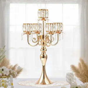 1PC Gold 5-Arm Crystal Pendant Metal Candle Holder with Square Crystal Bowl, 22-Inch Tall Wedding Table Centerpiece for Holiday Party Events, Christmas, Birthday Decorations