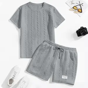 Men's Solid Color Textured Jacquard Drawstring Shorts Set, Casual Summer 2 Piece Outfit with Short Sleeve T Shirt and Shorts