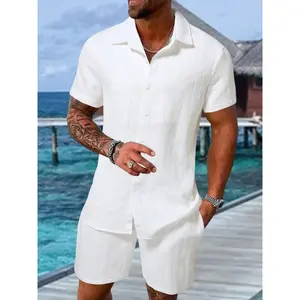 Men's Regular Fit Short Sleeve Pajama Two-piece Set, Casual Comfy Button Up Top & Shorts Pj Set, Men's Summer Sleepwear, Loungewear