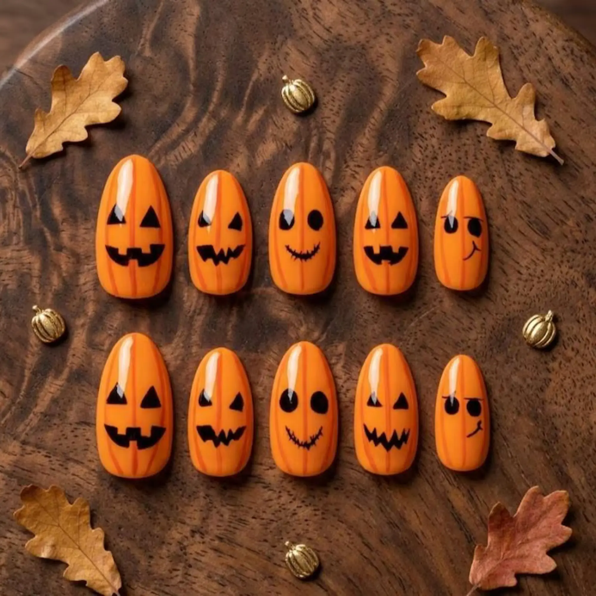 Spooky Pumpkin Halloween Press On Nails | 3D Jack O'Lantern Orange Fake Nails | Cute Gothic Fall Glue On Nail Set