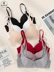 6-piece set women's sexy lace bras, Lace brassiere fit, everyday casual comfort with skin-friendly material, anti-sagging support and gathering, high-support underwear, adjustable sports-style back, with underwire and hook closure
