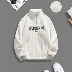 Fleece Half Zip Stand Collar Sweatshirt with Vintage Streetwear Style, Letter Embroidery Personalizes Half Zip Design for Temperature Adjustment, Soft and Skin Friendly Fleece Fabric, Suitable for Men and Women Students for Daily Outings and Commuting in