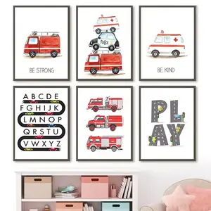 6pcs/set Frameless Kids Room Decor Alphabet Learning Vehicles Canvas Art Fire Truck Ambulance Nursery Wall Posters Decoration Artistic Modern Home Decor