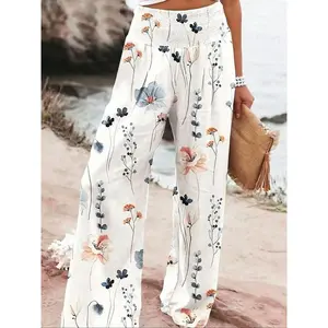 Women's Patchwork Print Elastic Waist Wide Leg Pants, Boho Casual Trousers for Beach Vacation Holiday, Ladies Bottoms for All Seasons, Preppy 80s Clothes Womenswear Comfort