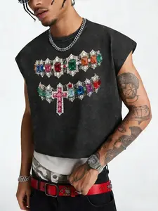 Boxy Fit Sleeveless Graphic T-Shirt Featuring Luxury Gemstone Print, Premium Cotton Distressed Crop Top for Men, Gothic Punk Aesthetic Casual Streetwear Vest
