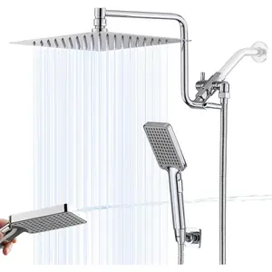 10" High  Rainfall Shower  with Handheld Combo, Upgrade 12" Extension Arm Height Adjustable,  Stainless Steel Shower , Brass Shower Holder Extra Long Shower Hose, Chrome