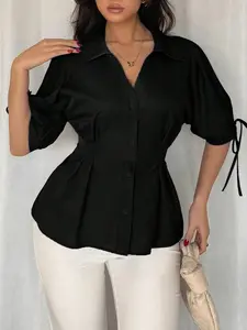 Women's V-Neck Pure Color Elegant Commuter Shirt Button, Waist Cinching Slimming Design, Stylish Office Wear, Casual Fashion Top Womenswear
