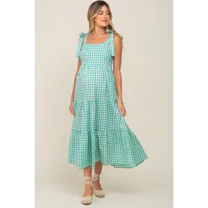 Green Checkered Sleeveless Tiered Maternity Maxi Dress