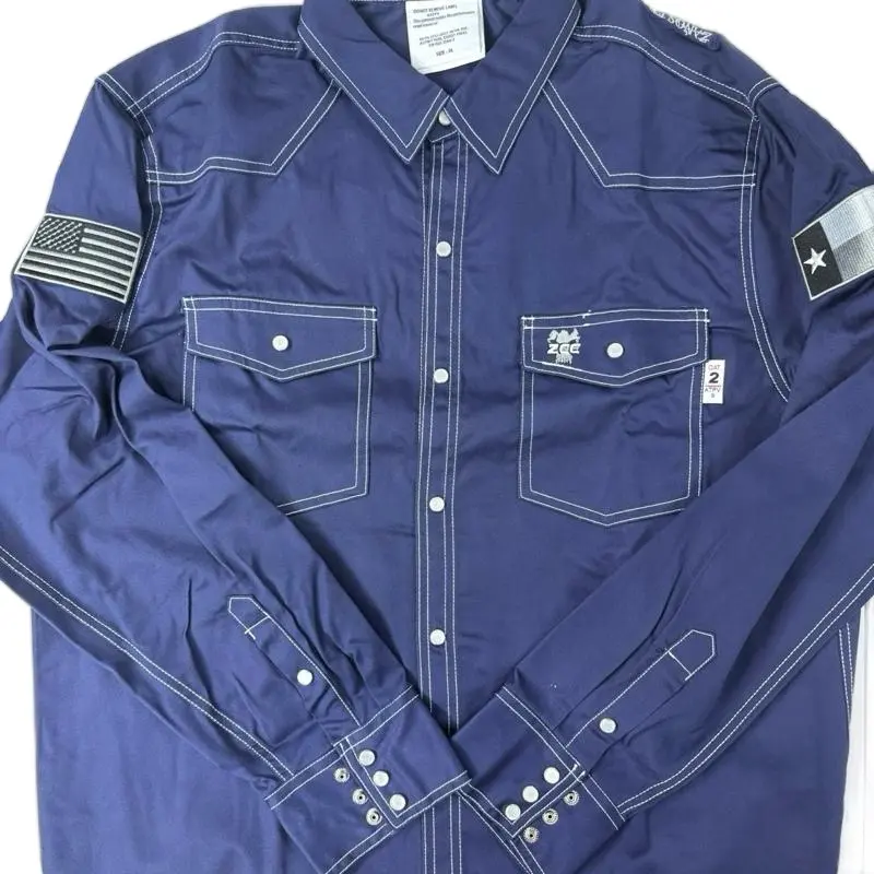 ZANOS FR SHIRTS Navy Blue Long Sleeve with American Flag Patch & Star Detail for Enhanced Safety Menswear Top Flame-Resistant Fabric Western-Style Cut