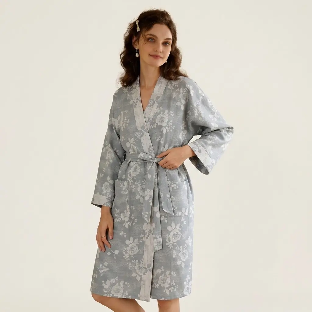 Women's Cotton Japanese Style Kimono Robe, Floral Jacquard Double Gauze Cotton Loungewear with Long Sleeves and Belt, Long Sleeve, Classic Japanese Style Bathrobes & Dressing Gowns, Cozy Aesthetic Bathrobes & Dressing Gowns