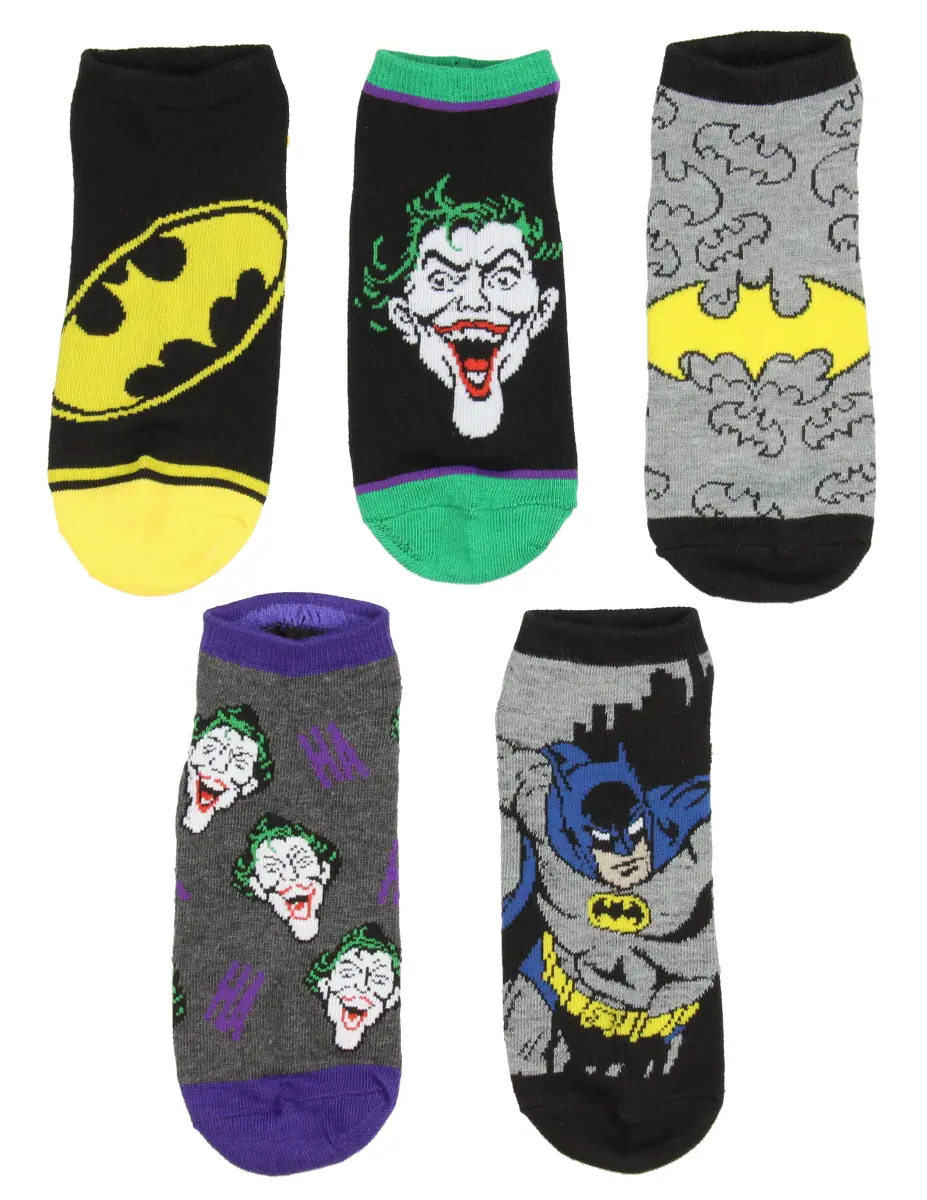 DC Comics Batman And Joker Designs 5 Pack Men And Women Ankle Socks, Spandex, Fabric