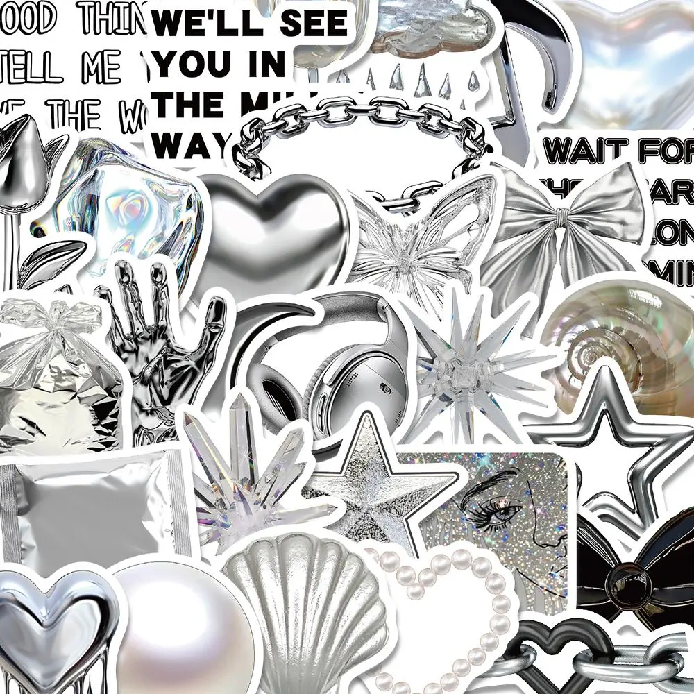 Silver Themed Sticker, 30pcs/set Waterproof Self Adhesive Decor Paper, Decor Sticker for Gift Greeting Card Water Bottle Laptop Phone, Ornaments