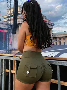 Women's High Waist Butt Lifting Button Sport Shorts, High Elasticity Pocket Storage, Slim-Fitting Casual Summer Fashion