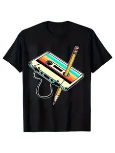 Men's Retro Cassette & Pencil Print Pattern Short Sleeve Round Neck Fitted Long T-Shirt, 80s Style, Streetwear, Daily Wear, Fun Graphic Tee, Casual Fashion, Menswear