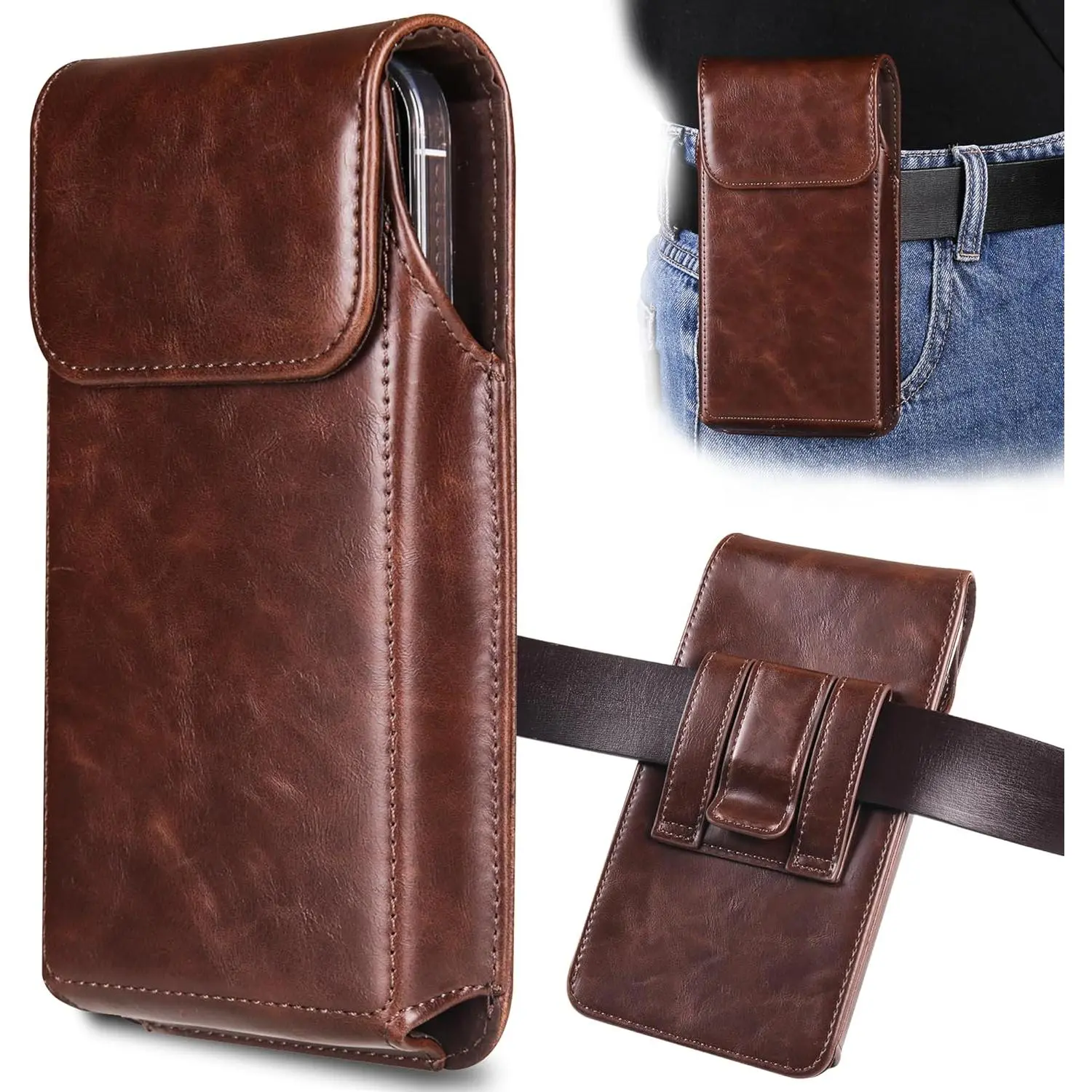 Holster for  16 Pro Max 15 Pro Max 14 Pro Max 13 Pro Max 12 Pro Max 16 Plus 15 Plus 14 Plus,  Leather Pouch with Belt Clip Phone Holster Belt Case, Coffee -L