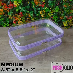 Poshfolio Hard Shell Clear Cases with Double Zipper - Perfect for Organizing at Home and On the Go Medium 2 Pack