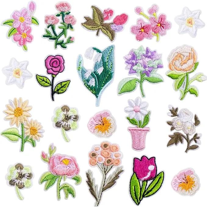 20pcs Mini Flower Iron On Patches 17 Patterns Decorative Embroidered Patches Floral Sewing Appliques Valentines Wedding for Jeans, Clothing, Jacket, Hat, Backpacks, Pants, Bouquet