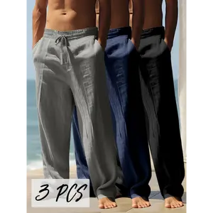 3pcs Men'S Casual Straight-Leg Pants with a Flowy Drape, Perfect for Summer Outdoor Walking, Camping, and Vacation. Breathable, Soft, and Comfortable Trousers. Available in Three Colors: Gray, Navy Blue, and Black. Ideal as a Gift.