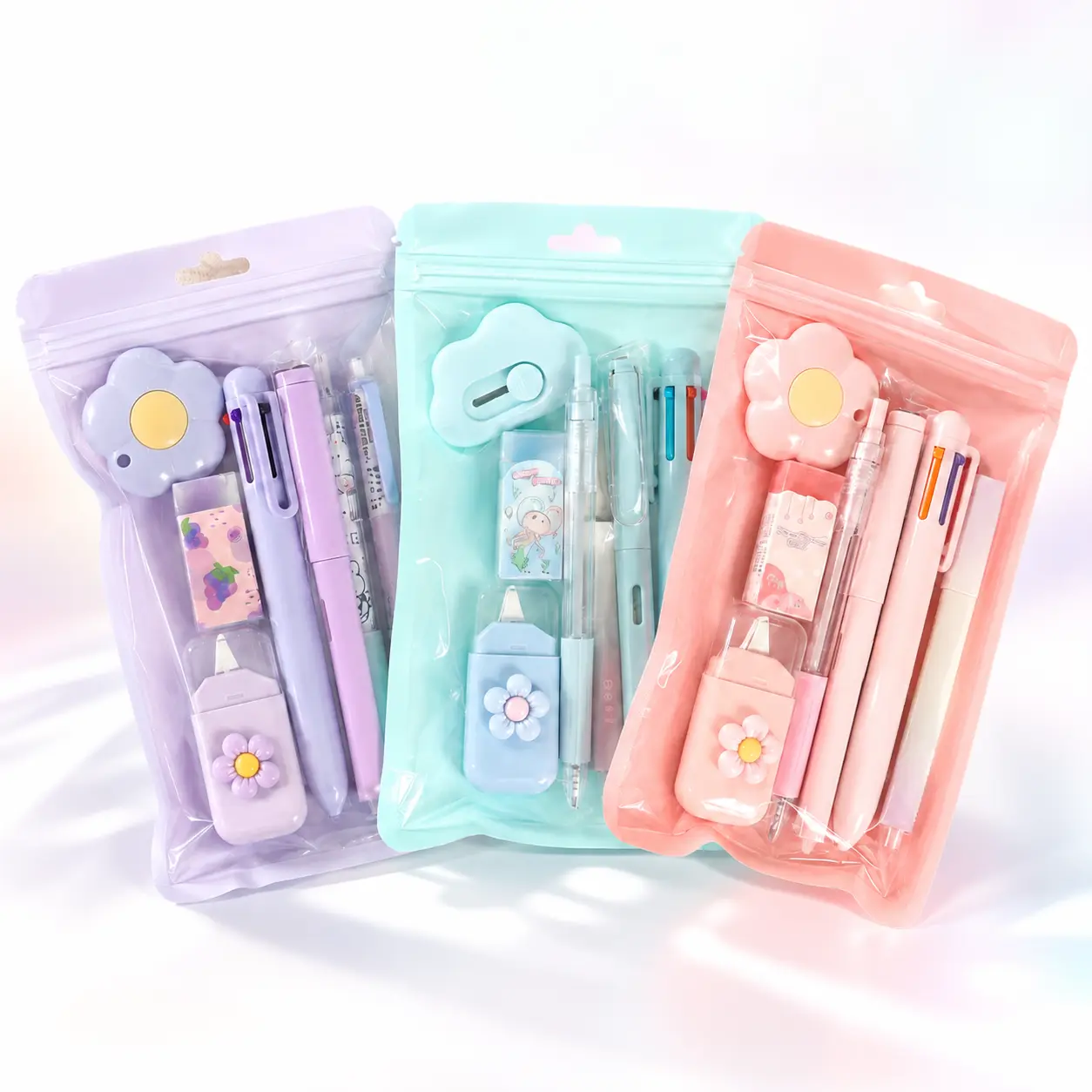 7-Piece Kawaii Stationery Set for Girls & Teens, Pastel School Supplies Kit with Ballpoint Pens, Highlighter, Correction Tape, Ruler & Pencil Sharpener, Cute Desk Accessories, Back to School Essentials Gift