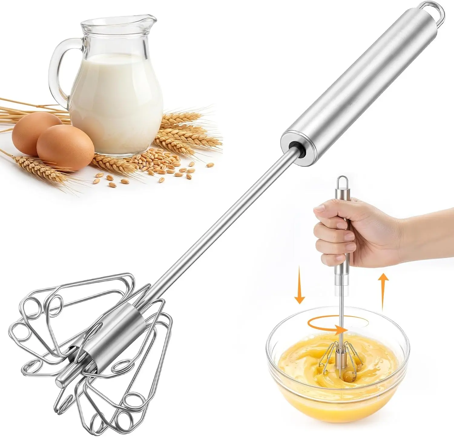 Upgraded Stainless Steel Semi-Automatic Whisk, 10 inch | Easy Push Hand Whisks for Eggs, Cream, Coffee & Light Mixing, Easy Clean Kitchen Whisk for Everyday Cooking, Kitchen Gadgets
