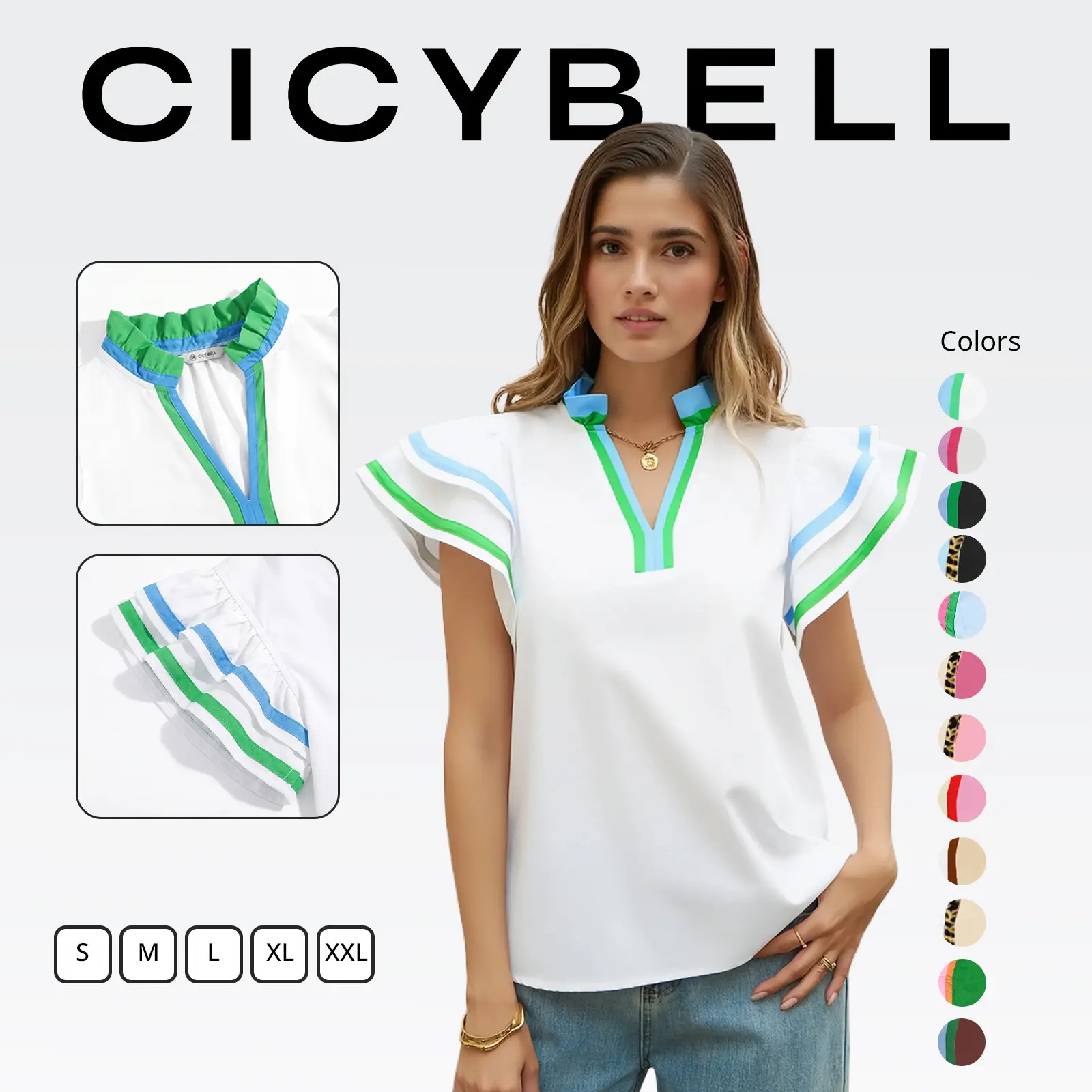 Cicy Bell Women's Ruffle Cap Sleeve Blouse - Color Block V-Neck, Summer, Pleated Loose Fit, Elegant Soft Drape Fabric, Dressy Casual Top for Women Cicy Bell Women's Ruffle Cap Sleeve Blouse - Color Block V-Neck, Summer, Pleated Loose Fit, Elegant Soft Drape Fabric, Dressy Casual Top for Women
