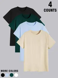 Men's 4-Piece Solid Color Crew Neck T-Shirt Set, Regular Fit Casual Short Sleeve Summer Tops, Stylish and Comfortable Daily Wear, Plain