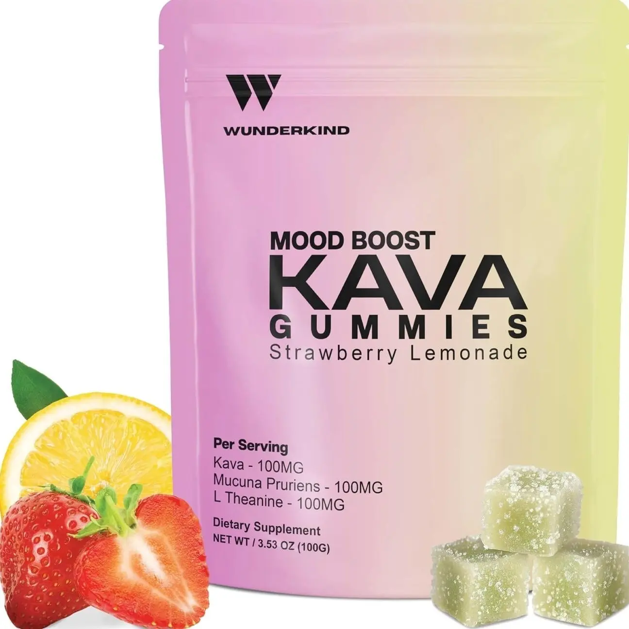 WUNDERKIND Kava Gummies Extra Strength Mood Boost - High-Potency 70% Kavalactones | Natural Stress Relief | Vegan, Clean Ingredients, No Gelatin or Dyes | 1 Gummy Per Serving | Strawberry Lemonade