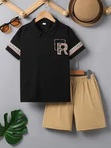 Boy's Short Sleeve Graphic Top & Shorts Set, Casual Fashion Button Top & Shorts for Daily Outdoor Wear, Kids Clothing for Summer, Clothes Kids