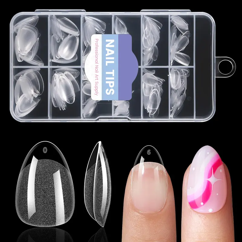 Almond Nail Tips 240Pcs, Small Soft Gel Fake Nails with 12 Sizes, Full Cover Clear Press On Nails for Girls, DIY Nail Extension at Home or Salon
