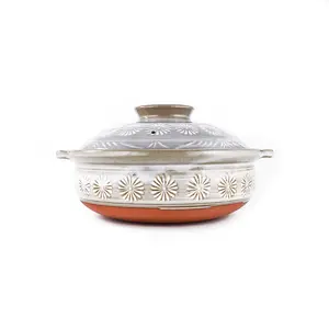 GINPO Banko Ware Ceramic Donabe Hot Pot - 3L Japanese Clay Casserole Dish for Stewing Whole Chicken, Soup, "Haiji Kikumon" Grey Chrysanthemum Pattern