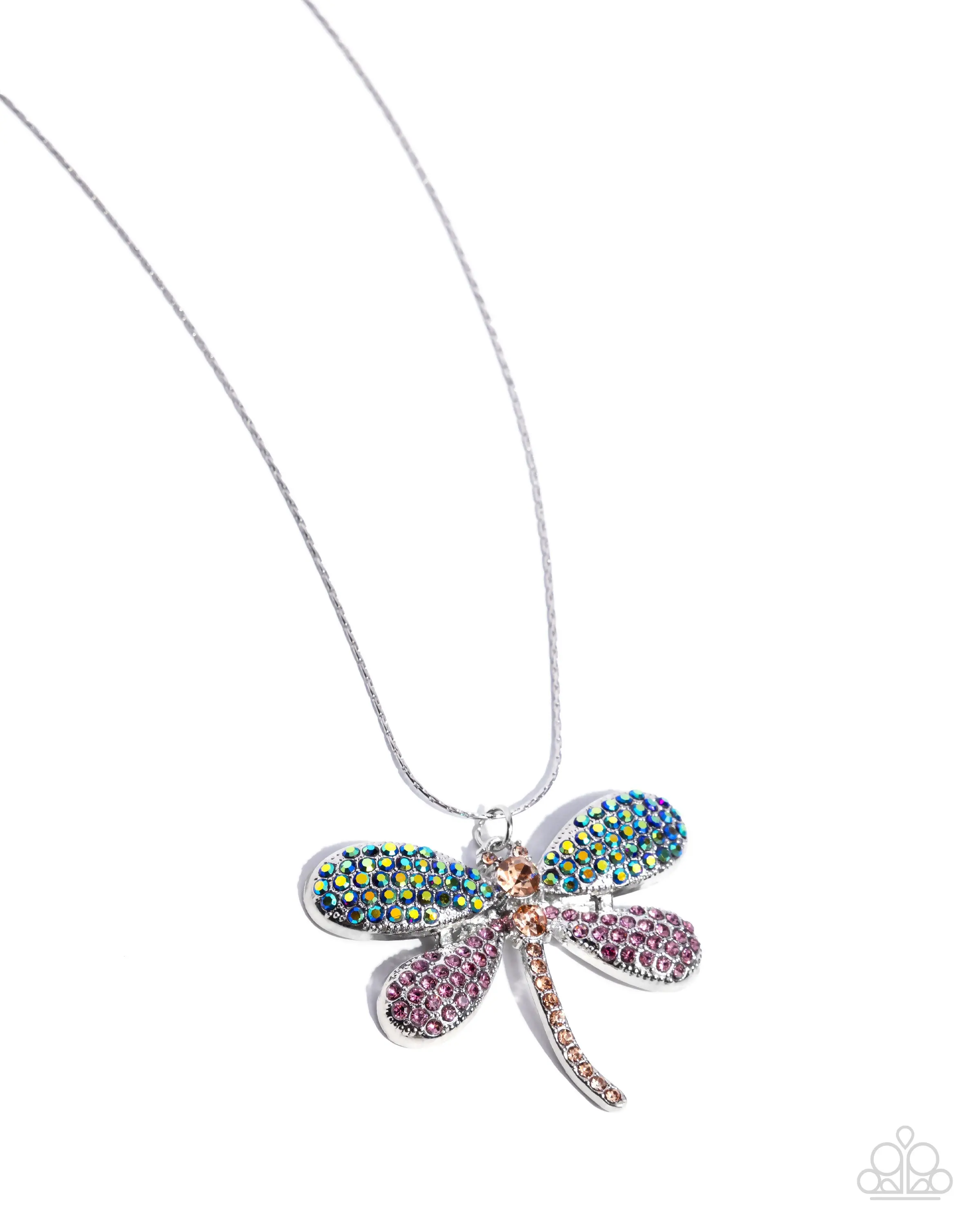 Dragonfly Defiance - Purple and Green Rhinestone Silver Long Necklace - Paparazzi