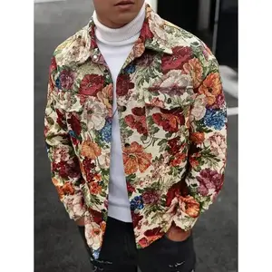 This Men's Fashion Casual Vintage Luxurious Floral Textured Jacquard Shirt Rave Jacket Features A Stylish Design With A Front Chest Cargo Pocket. It Combines Retro Aesthetics With Modern Fashion , Fall And Winter Men, Couples Matc