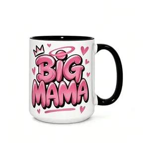 15oz Big Mama Mug - Pink Text with Hearts and Crown Design, Black Handle, Drinkware for Women Perfect gift for Women, Mom, Mother’s Day Sparkle Cup Tumbler Ceramic Reusable Washable Reuse