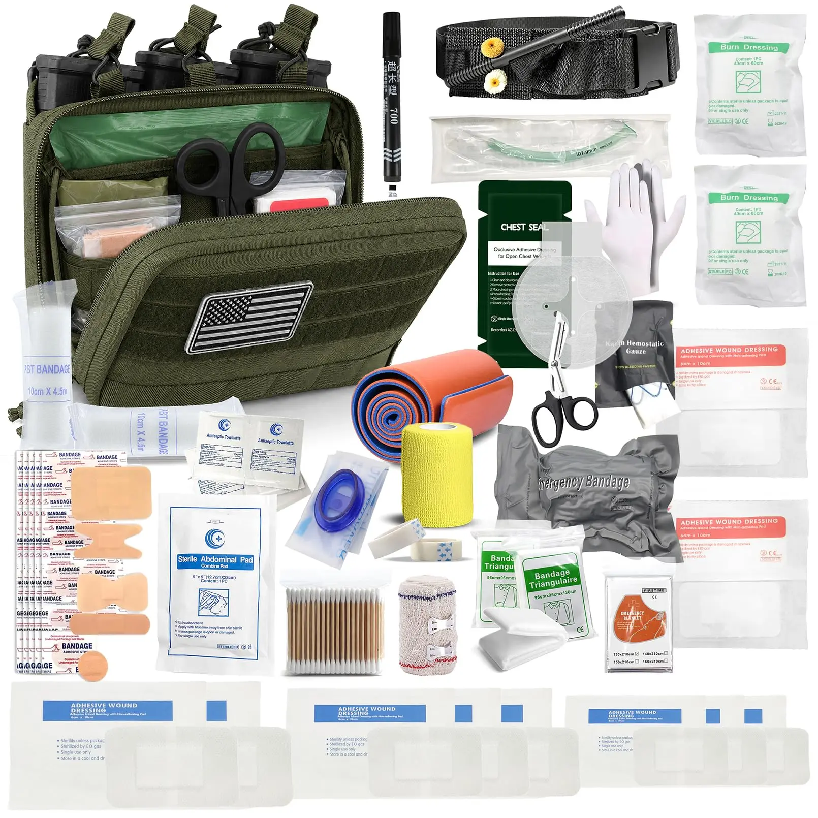 AQzxdc Tactical First Aid Kit with Triple Mag Pouch, IFAK Med Pouch Trauma Shears Tourniquet Combined EMT Emergency Supplies for Range Training, Camping, Hiking, Airsoft and Vehicle Emergency