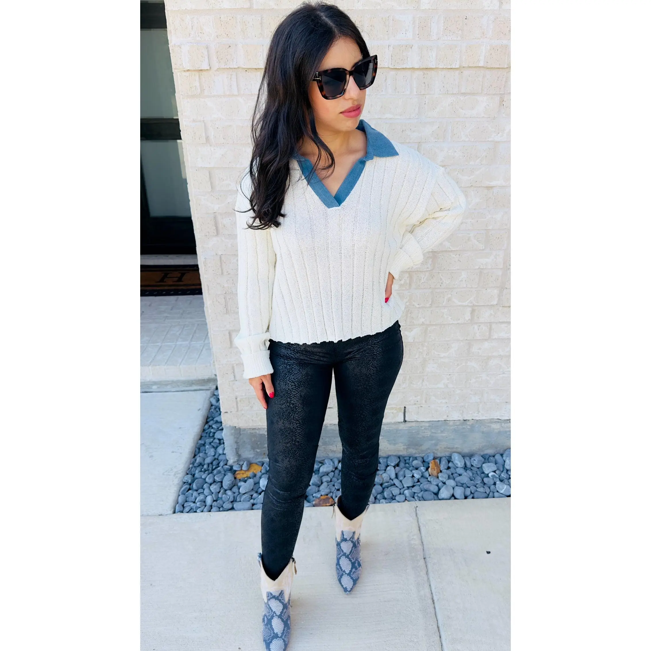 SADIE DENIM COLLARED SWEATER - CREAM