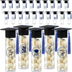 25 Pcs Graduation Candy Tubes 2026 Graduation Party Favors Candy Boxes Plastic Grad Cap Jars Container with Tassels and Stickers for DIY Grad Table Party Favors (Blue)