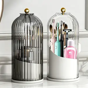 Toothbrush Holders with Sliding Lid Rotating 3 Slots Bathroom Organizer Countertop Tooth Brush Tooth paste Holder Bathroom Counter Stand Sink Organizer Caddy for Vanity Makeup Brushes Holder Gray