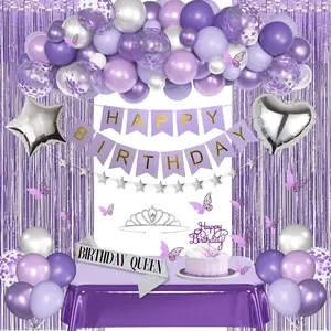 Purple Birthday Decorations for Women Girls, Lavender Purple Silver Foil Balloons Table Cloth Sash Crown Fringe Curtains Happy Birthday Banner Glitter Star Garland Butterfly Cake Topper Party Supplies