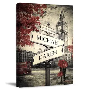 Lovers Cross roads Street view of London Personalized Photo/Canvas Print and Framed Art Gift, includes Names and the Special Date Unique Gift for the Wedding Anniversary.